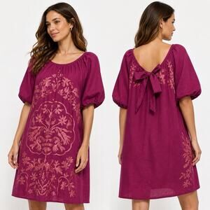 Free People Fiona Embroidered Mini Dress Sz XS Puff Sleeve Back Bow Boho Peasant